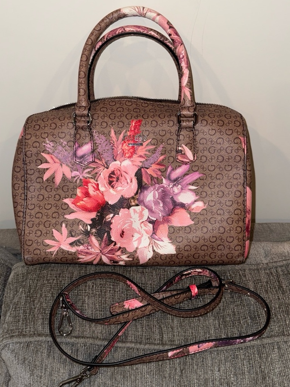 Guess Brown Monogram Dome Satchel with Pink Floral Print